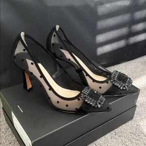 Elegant Black Mesh Heels with Embellished Bow